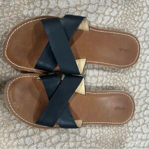Olukai Black and Tan Sandals Minimalist Slide Design